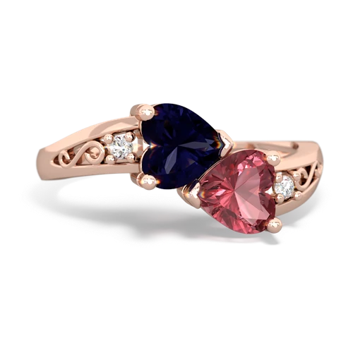Sapphire Genuine Sapphire with Genuine Pink Tourmaline Snuggling Hearts ring Ring