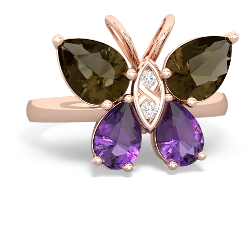 smoky quartz-amethyst butterfly ring