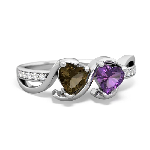 smoky quartz-amethyst double heart ring