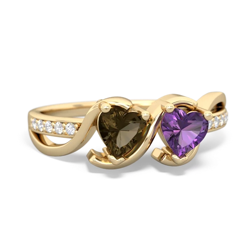 smoky quartz-amethyst double heart ring