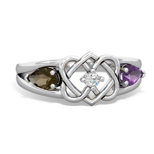 smoky quartz-amethyst double heart ring