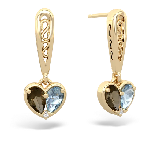 smoky quartz-aquamarine filligree earrings