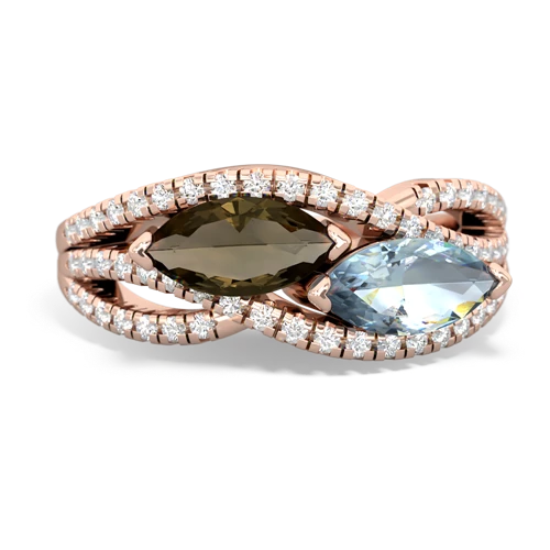 smoky quartz-aquamarine double heart ring