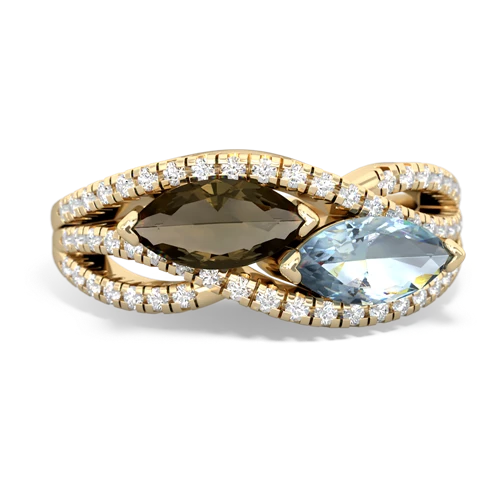 smoky quartz-aquamarine double heart ring
