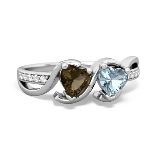 smoky quartz-aquamarine double heart ring