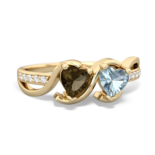 smoky quartz-aquamarine double heart ring