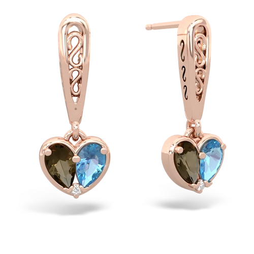 smoky quartz-blue topaz filligree earrings