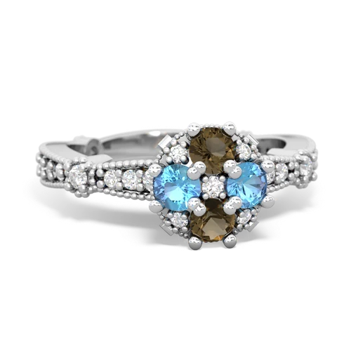 smoky quartz-blue topaz art deco engagement ring
