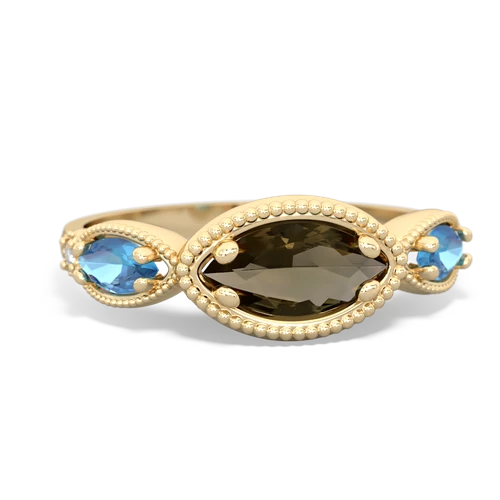 Smoky Quartz Genuine Smoky Quartz with Genuine Swiss Blue Topaz and Lab Created Sapphire Antique Style Keepsake ring Ring