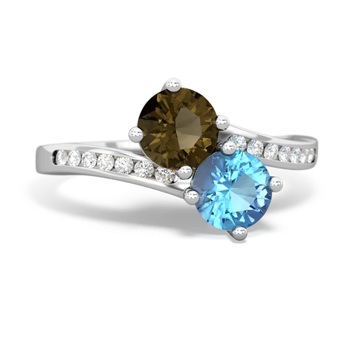 smoky quartz-blue topaz two stone channel ring