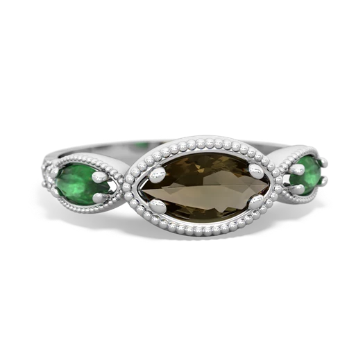 Smoky Quartz Genuine Smoky Quartz with Genuine Emerald and Lab Created Ruby Antique Style Keepsake ring Ring