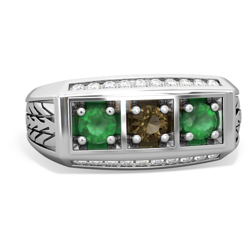 smoky quartz-emerald three stone ring