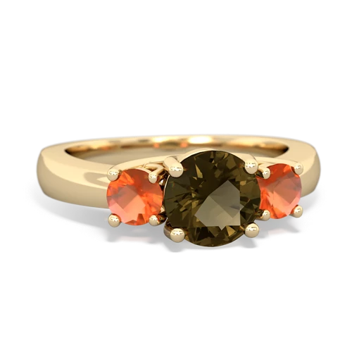 Smoky Quartz Genuine Smoky Quartz with Genuine Fire Opal and Genuine Fire Opal Three Stone Trellis ring Ring
