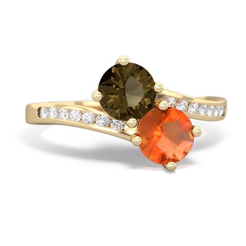 smoky quartz-fire opal two stone channel ring