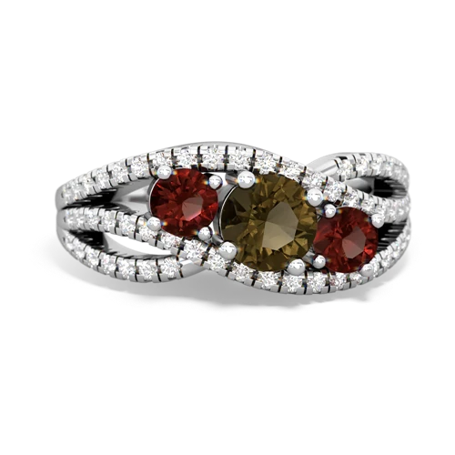 smoky quartz-garnet three stone pave ring