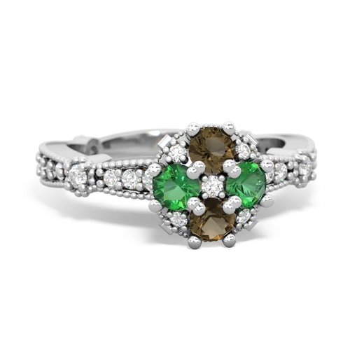 Smoky Quartz Genuine Smoky Quartz with Lab Created Emerald Milgrain Antique Style ring Ring