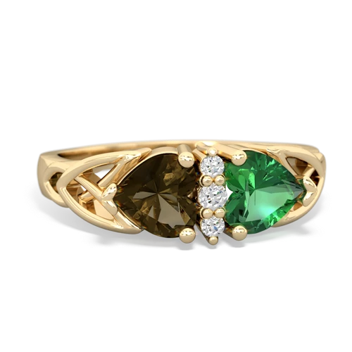 Smoky Quartz Genuine Smoky Quartz with Lab Created Emerald Celtic Trinity Knot ring Ring