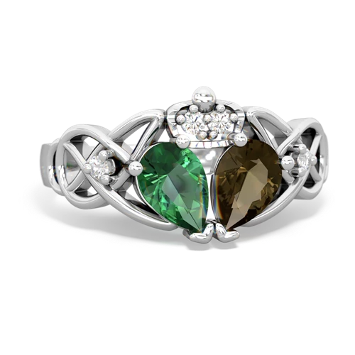 Smoky Quartz Genuine Smoky Quartz with Lab Created Emerald Two Stone Claddagh ring Ring