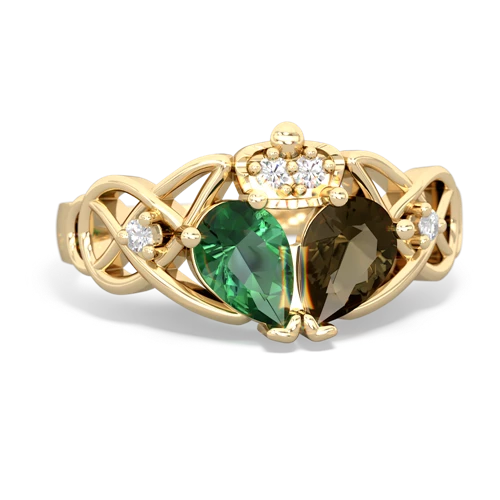 Smoky Quartz Genuine Smoky Quartz with Lab Created Emerald Two Stone Claddagh ring Ring