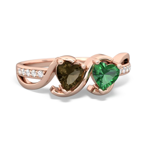 smoky quartz-lab emerald double heart ring