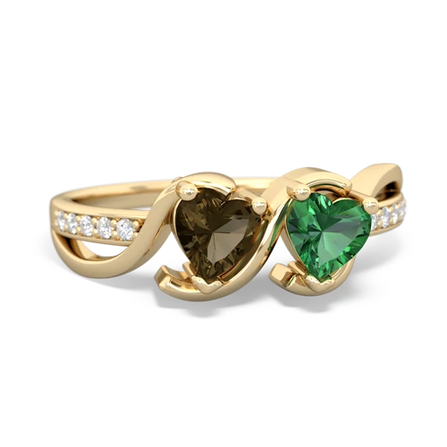 smoky quartz-lab emerald double heart ring