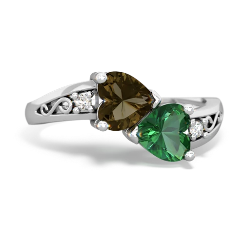 Smoky Quartz Genuine Smoky Quartz with Lab Created Emerald Snuggling Hearts ring Ring