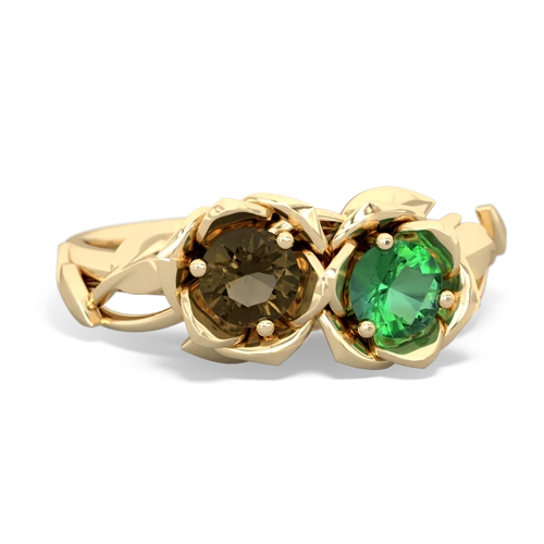 Smoky Quartz Genuine Smoky Quartz with Lab Created Emerald Rose Garden ring Ring