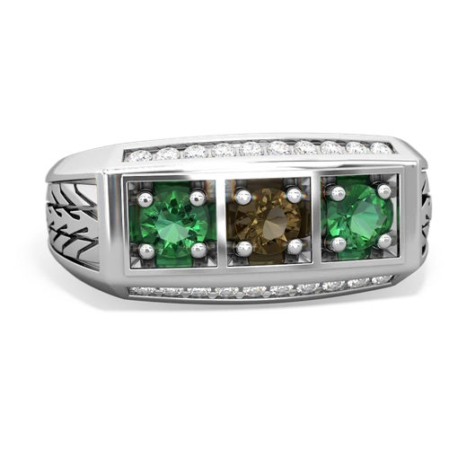 smoky quartz-lab emerald three stone ring