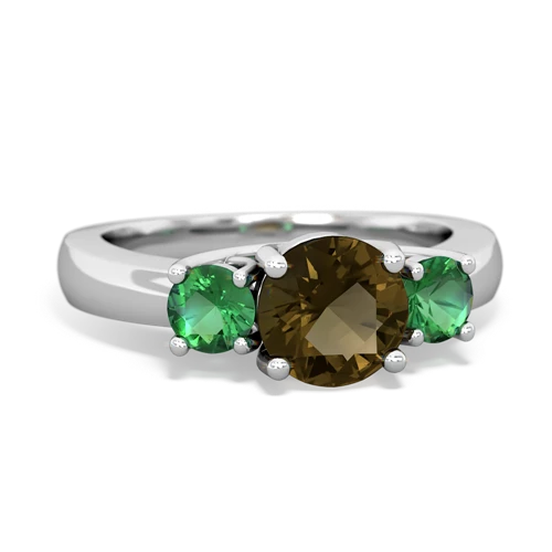 Smoky Quartz Genuine Smoky Quartz with Lab Created Emerald and Genuine Swiss Blue Topaz Three Stone Trellis ring Ring