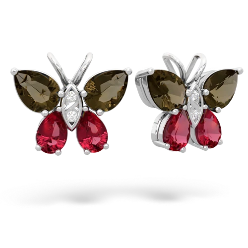 smoky quartz-lab ruby butterfly earrings