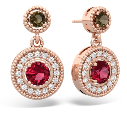 smoky quartz-lab ruby halo earrings