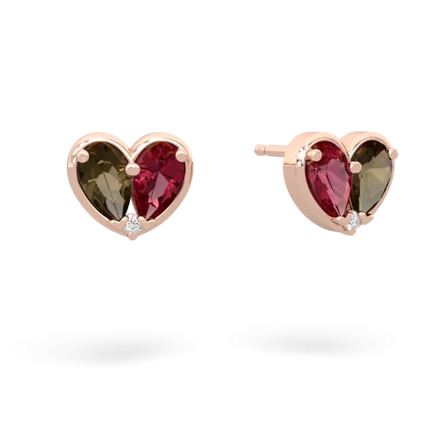 smoky quartz-lab ruby one heart earrings