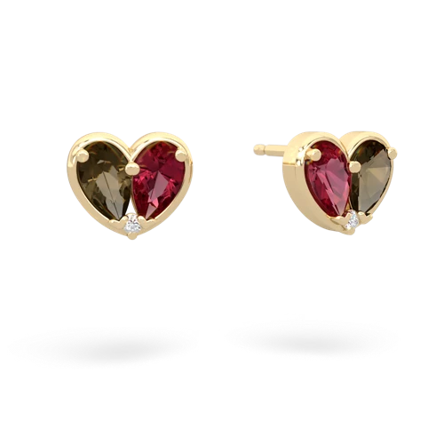 smoky quartz-lab ruby one heart earrings