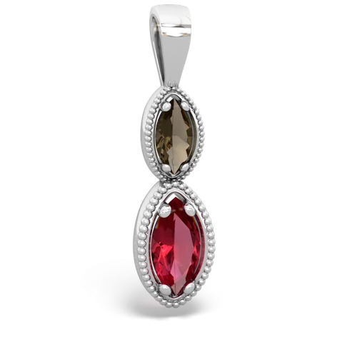 smoky quartz-lab ruby antique milgrain pendant