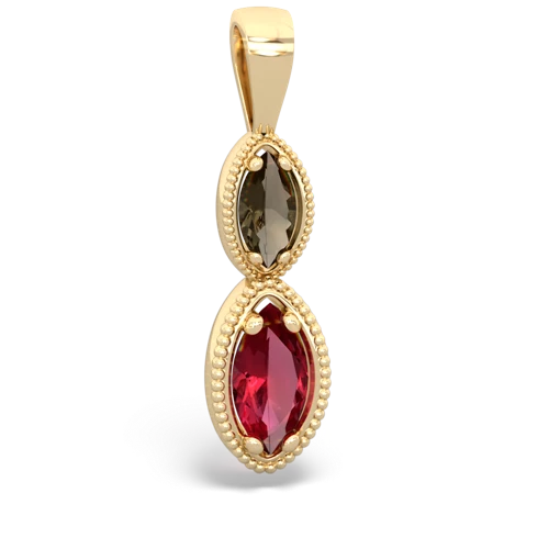 smoky quartz-lab ruby antique milgrain pendant