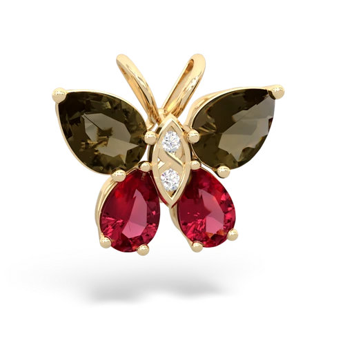 smoky quartz-lab ruby butterfly pendant