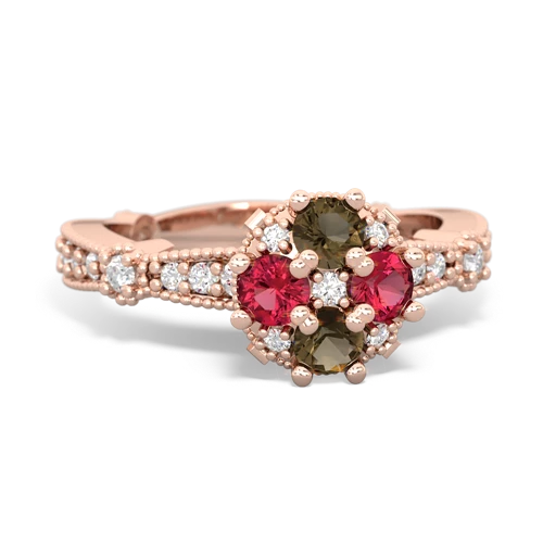 smoky quartz-lab ruby art deco engagement ring