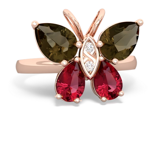 smoky quartz-lab ruby butterfly ring