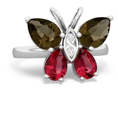 smoky quartz-lab ruby butterfly ring