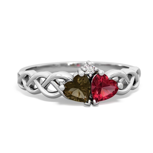smoky quartz-lab ruby celtic braid ring