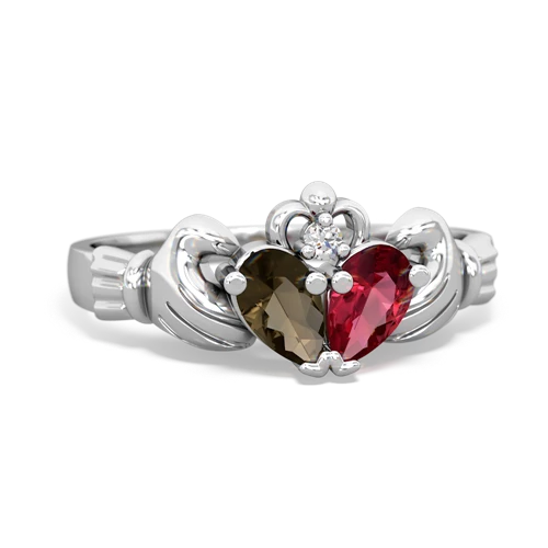 smoky quartz-lab ruby claddagh ring