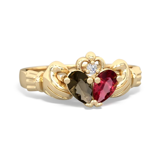 smoky quartz-lab ruby claddagh ring