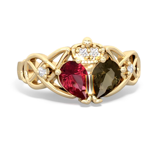 smoky quartz-lab ruby claddagh ring