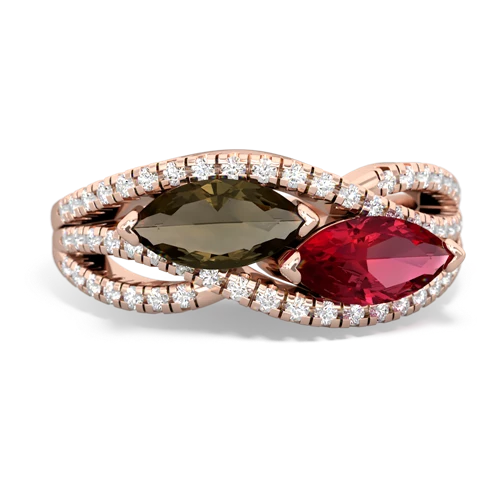 smoky quartz-lab ruby double heart ring