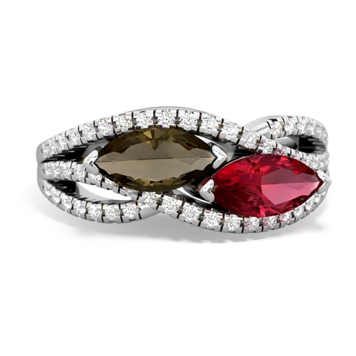 smoky quartz-lab ruby double heart ring