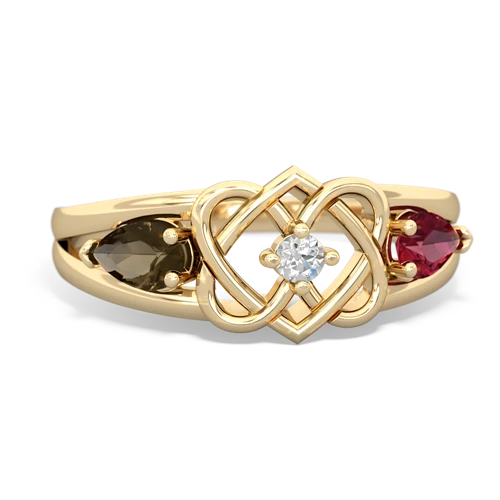 smoky quartz-lab ruby double heart ring