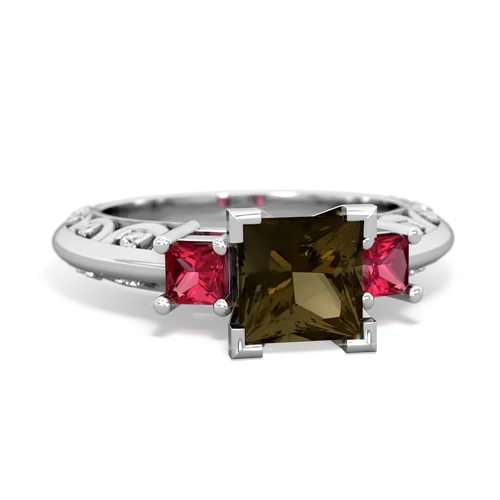 Smoky Quartz Genuine Smoky Quartz with Lab Created Ruby and Genuine White Topaz Art Deco ring Ring