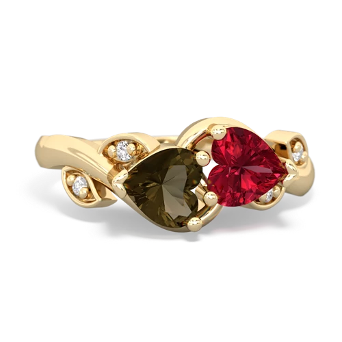 smoky quartz-lab ruby floral keepsake ring