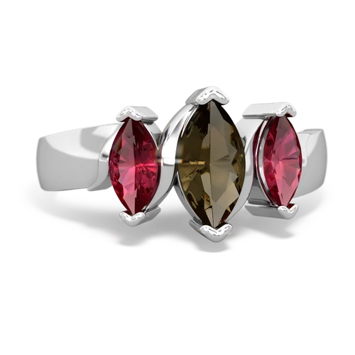 Smoky Quartz Genuine Smoky Quartz with Lab Created Ruby and Genuine Fire Opal Three Peeks ring Ring