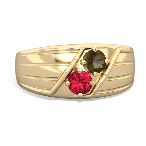 smoky quartz-lab ruby mens ring